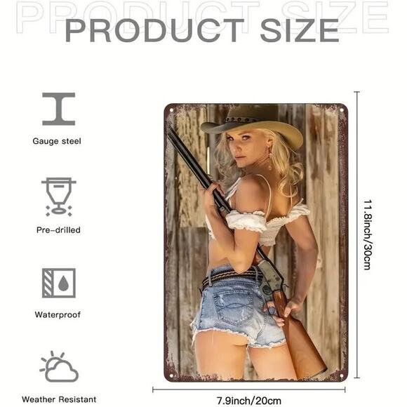 Tin Metal Sign • 1894 Marlin Octagon Barrel Rifle Cowgirl Pinup • Hot Pants - Picture 2 of 10